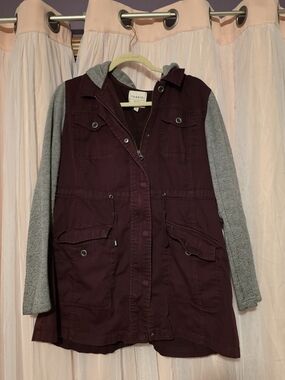 Torrid Women's Burgundy Anorak Jacket with Gray Hoodie Sleeves